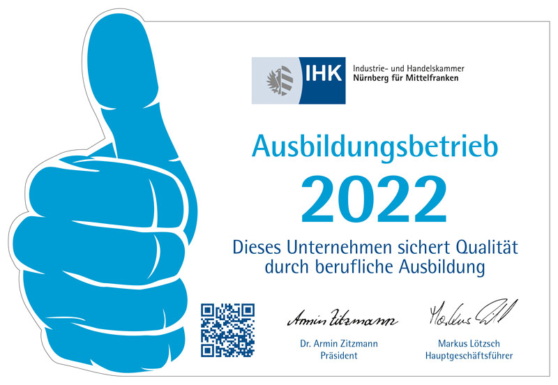 Wir sind Ausbildungsbetrieb 2022 der IHK Nürnberg für Mittelfranken
